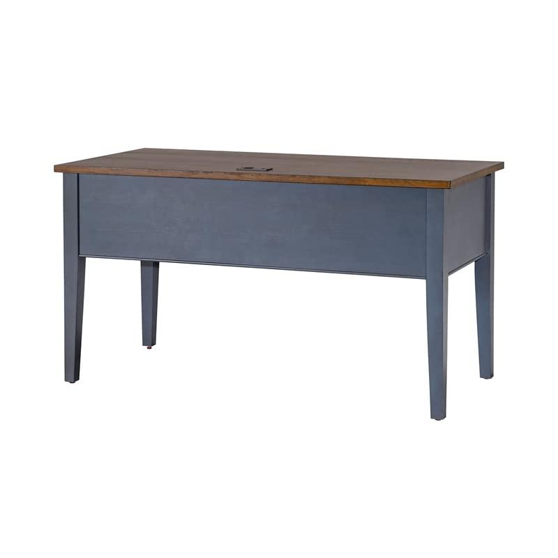 Transitional Blue-Brown Wood Executive Desk with Power Outlet and Drawers