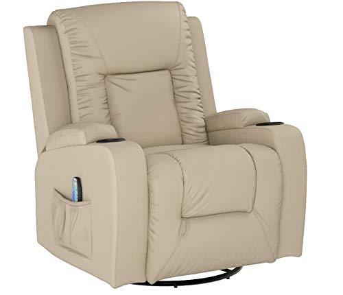 COMHOMA Recliner Chair, PU Rocking Chair for Adults, Swivel Recliner with Cup Holders, Heat and Massage, Single Sofa Seat with Side Pockets for Living Room, Bedroom (White)