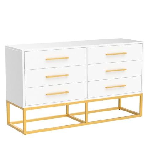 Estelle Transitional White 6-Drawer Dresser with Brass Accents