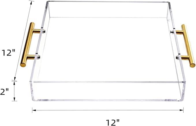 12"x12" Clear Acrylic Serving Tray with Golden Handles, Huge Capacity Sturdy Acrylic Tray for Coffee, Juice, Kitchen and Desk Organizer, Storage Tray (12"x12")