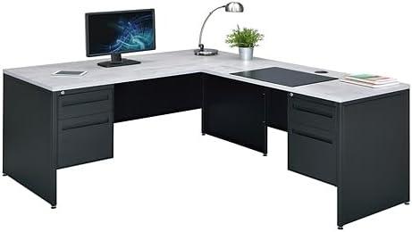 Gray and Black L-Shaped Executive Desk with Filing Cabinet
