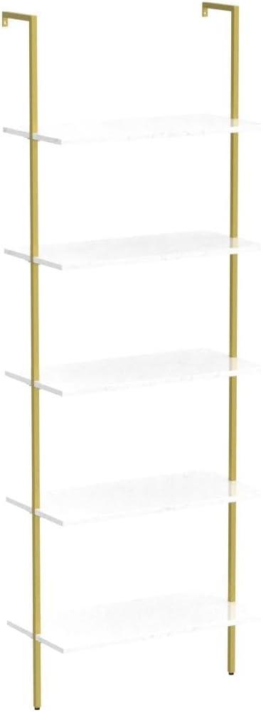 5 Tiers Ladder 2-Piece Shelf White Marble Modern Bookshelf Open Tall Wall Mount Bookcase Standing Leaning Wall Shelves Industrial Decorative