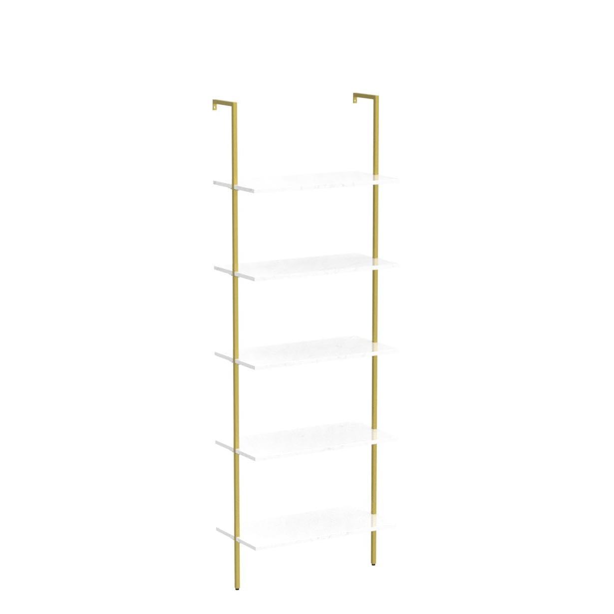 5 Tiers Ladder 2-Piece Shelf White Marble Modern Bookshelf Open Tall Wall Mount Bookcase Standing Leaning Wall Shelves Industrial Decorative