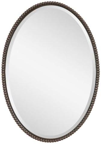 Uttermost Oval Vanity Decorative Wall Mirror Vintage Brown Beveled Oil Rubbed Bronze Beaded Frame 22" Wide for Bathroom Bedroom