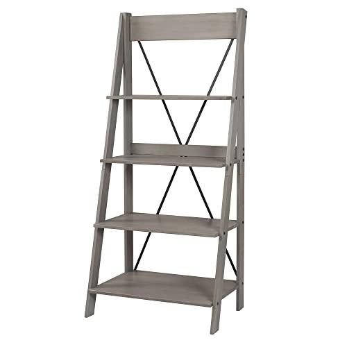 Gray Pine Wood 68" Ladder Bookshelf with Metal X-Back