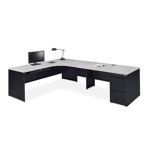 Oak and Black L-Shaped Executive Desk with Filing Cabinet