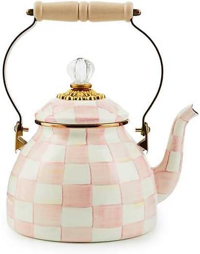 Rosy Check Pink and White Enamel Tea Kettle with Wood Handle