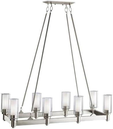 Circolo 39.25" 8 Light Linear Chandelier with Clear Outer and Satin Etched Inner Cylinders Brushed Nickel