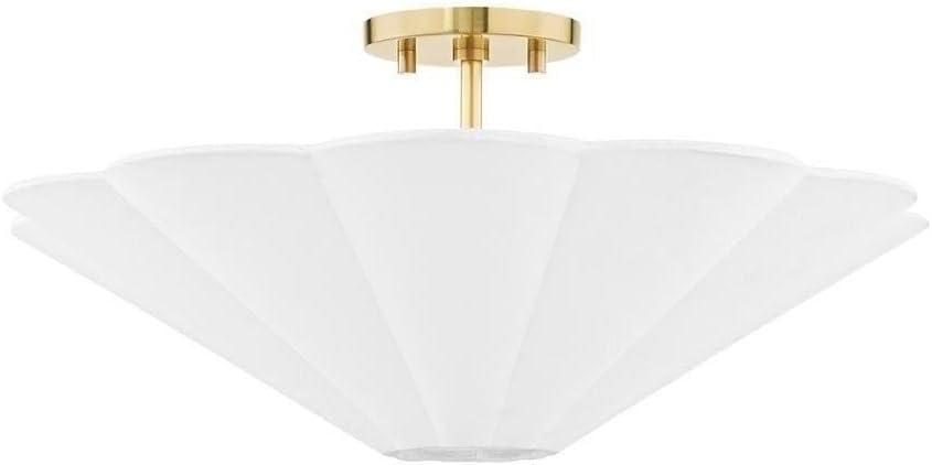 Antique Brass and White Linen Semi-Flush Mount Light