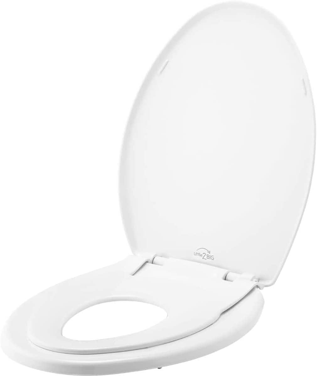 Little2Big Toilet Seat with Built-In Potty Training Seat, Slow Close, Easy Install, Elongated, White