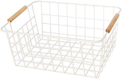 White Powder Coated Metal Wire Baskets with Wooden Handles - Set of 2