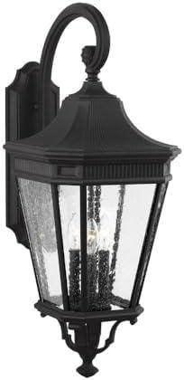 Black Aluminum 3-Light Outdoor Wall Lantern with Clear Seeded Glass