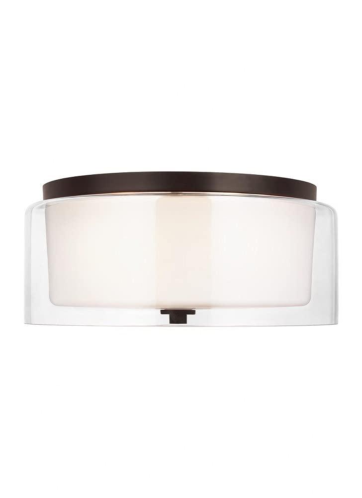 Elmwood Park 14 in. 2-Light Bronze Modern Transitional Flush Mount with Satin Etched Glass Shade