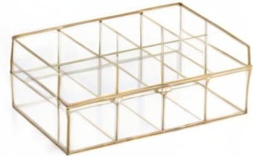 NCYP Glass Tea Bags Organizer, 12" x 7.1" x 3.7" Sugar Packets Storage Box - 8 Grids Compartments Jewelry Container, Indoor Counter Top Brass Display Case with Lid, Gold Decor (Glass Box Only)