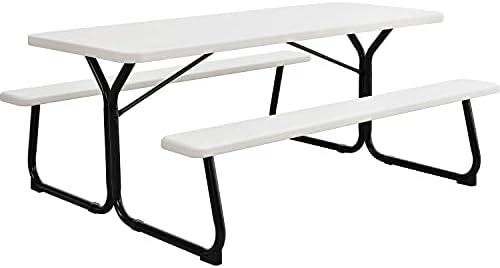 White Blow-Molded Plastic Outdoor Picnic Table with Steel Frame, 72"