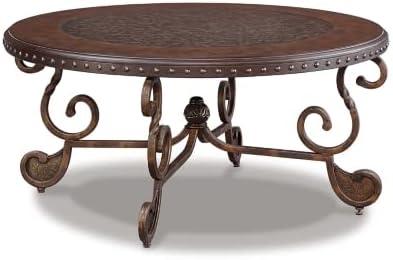 Signature Design by Ashley Rafferty Ornate Round Coffee Tabe with Decorative Metal Detail, Dark Brown