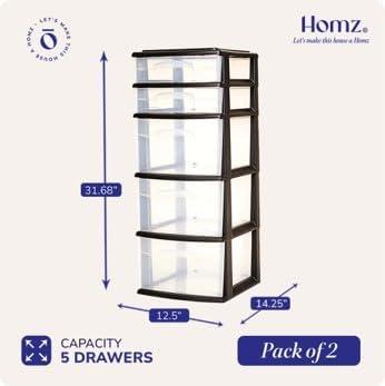 GHF Plastic 5 Clear Drawer Medium Home Organization Storage Container Tower with 3 Large Drawers and 2 Small Drawers, Black Frame