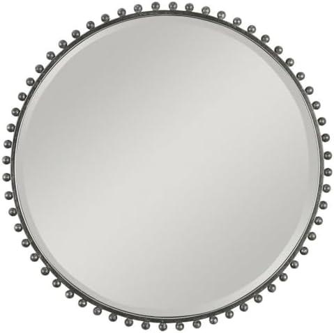 Uttermost Round Vanity Accent Wall Mirror Industrial Beveled Distressed Black Gray Glaze Iron Frame 32" Wide for Bathroom Bedroom