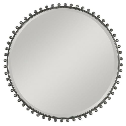 Uttermost Round Vanity Accent Wall Mirror Industrial Beveled Distressed Black Gray Glaze Iron Frame 32" Wide for Bathroom Bedroom