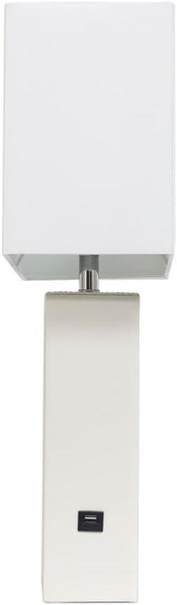 Lalia Home 21" Lexington Leather Base Modern Home Decor Bedside Table Lamp with USB Charging Port White : Fabric Shade