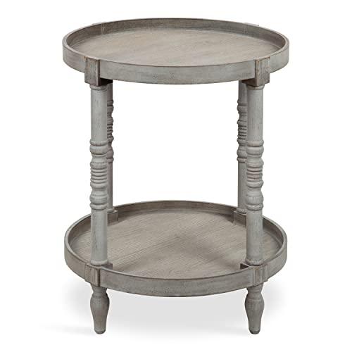 Bellport Classic Round Wood Side Table with Lower Shelf, Distressed Gray