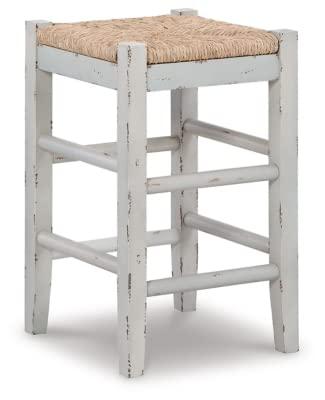 Vintage White Wood Counter Height Bar Stools with Woven Seats, Set of 2
