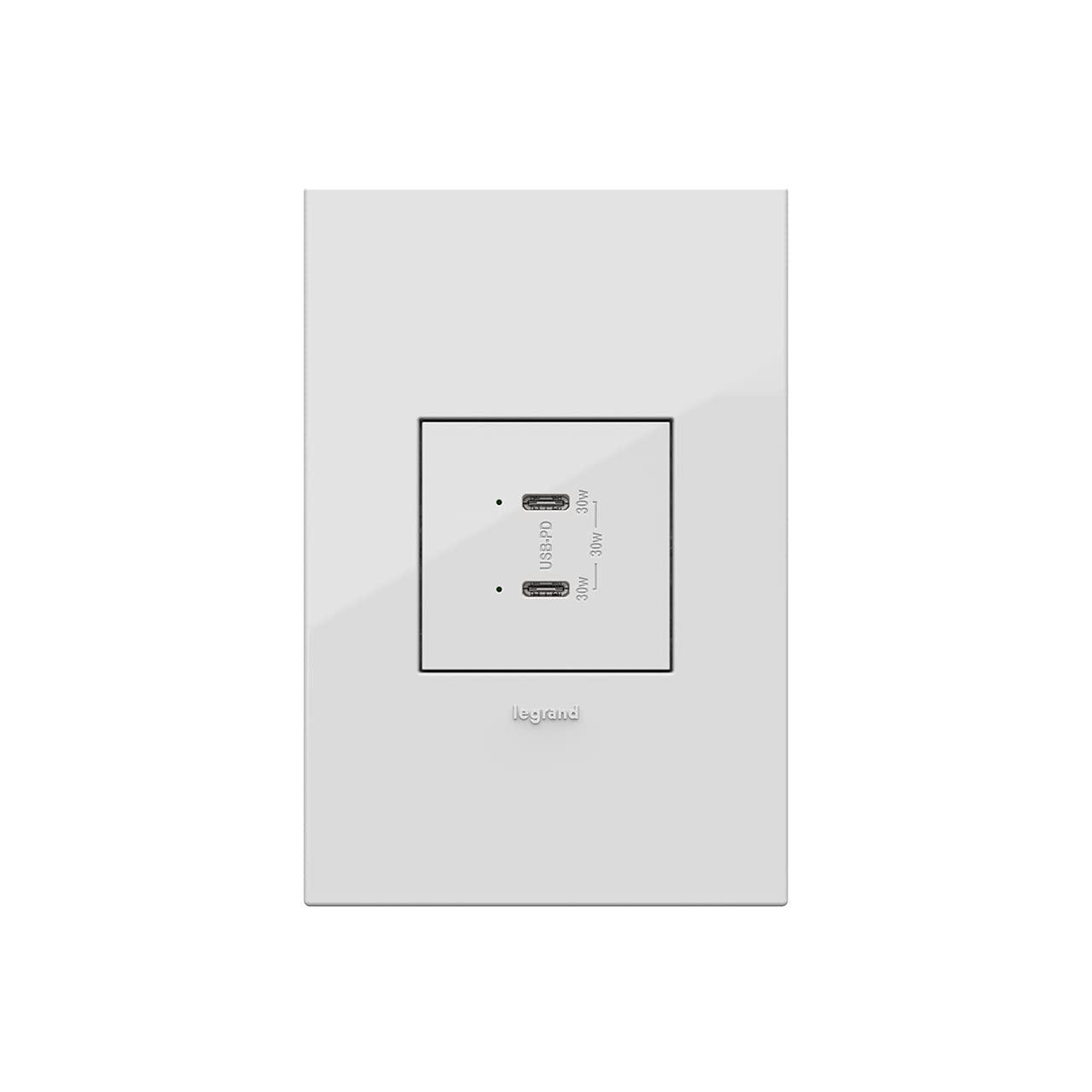 White Tamper Resistant USB Type-C Outlet with Wall Plate