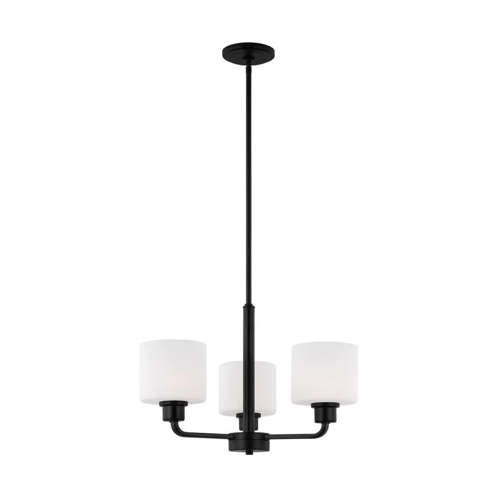 Canfield 3-Light Midnight Black Modern Minimalist Hanging Drum Chandelier with Etched White Glass Shades
