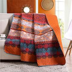 Exclusivo Mezcla 50"x 60" Quilted Throw Blanket- Microfiber Quilt Throw with Boho Striped Pattern, Reversible Red and Orange Versatile Lap Quilt for All Seasons, Lightweight Throws for Bed/Couch/Sofa