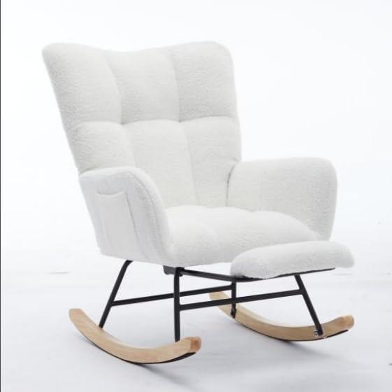 White Sherpa Upholstered Wingback Rocking Chair with Oak Legs