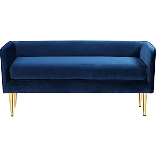 Audrey Navy Velvet Upholstered Bench with Gold Metal Legs, 52" W