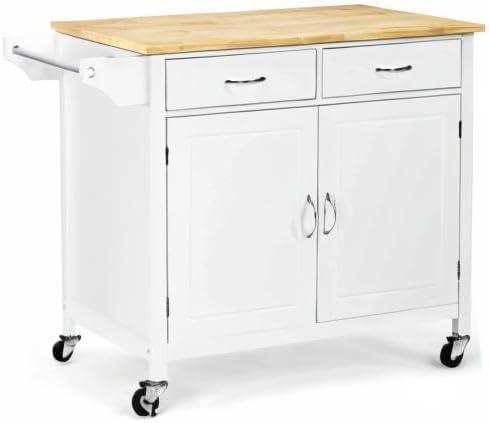 Costway Modern Rolling Kitchen Cart Island Wood Top Storage Trolley Cabinet Utility New White