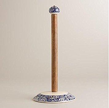 Handcrafted Blue and White Ceramic and Wood Paper Towel Holder
