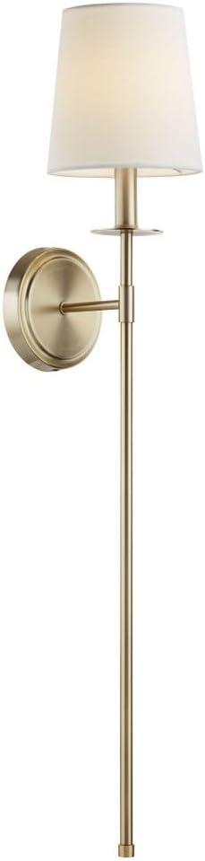 Aged Brass Wall Sconce with White Linen Shade