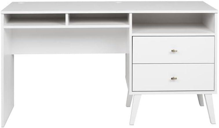 Milo Computer Desk with Side Storage and 2 Drawers White - Prepac: Mid-Century Modern, Wire Management
