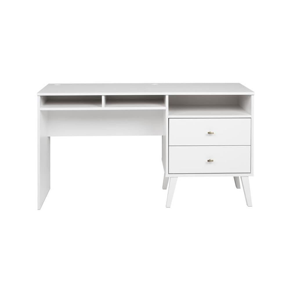 Milo Computer Desk with Side Storage and 2 Drawers White - Prepac: Mid-Century Modern, Wire Management