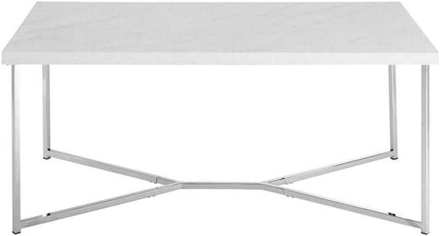 42" Rectangular Coffee Table in White Faux Marble with Chrome Metal Base