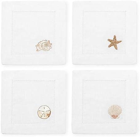 White Linen Embroidered Beachcomber Cocktail Napkins, Set of 4