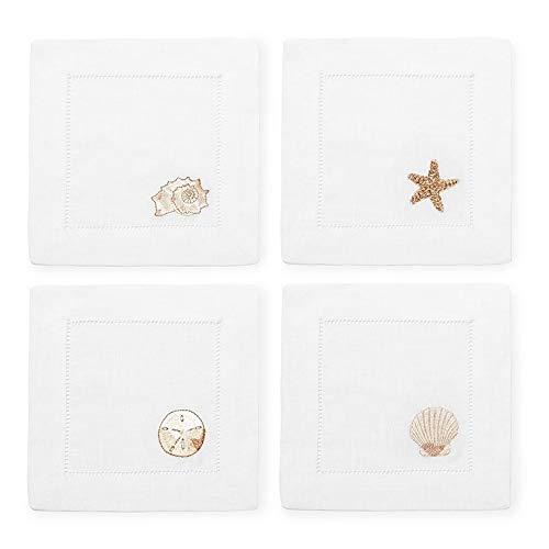 White Linen Embroidered Beachcomber Cocktail Napkins, Set of 4