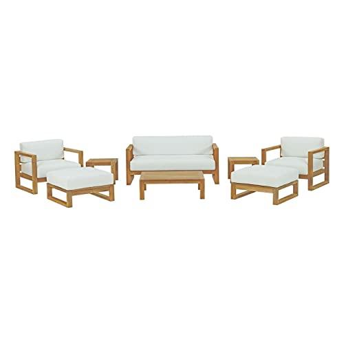 Upland Natural Teak 8-Piece Outdoor Patio Conversation Set with White Cushions