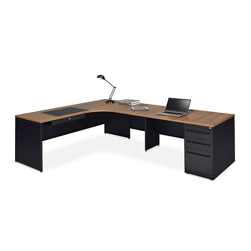 Gray and Black Executive Corner Computer Desk with Hutch and Drawers