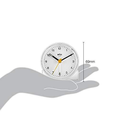 Braun Classic Analogue Alarm Clock with Snooze and Light, Quiet Quartz Movement, Crescendo Beep Alarm in White, Model BC01W.