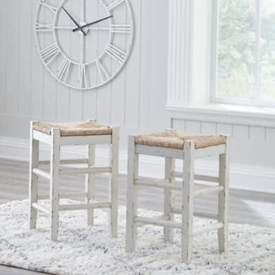 Vintage White Wood Counter Height Bar Stools with Woven Seats, Set of 2