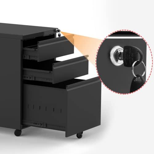 MIIIKO File Cabinet 3 Drawers on Wheels Under Desk, Black Metal Rolling File Cabinets with Lock for Home Office, Un-Assembled Filing Cabinet with Lock