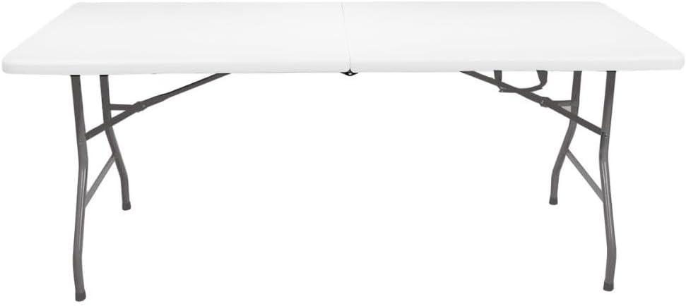 Plainsity Mesa Plegable de Plástico de 6 Pies - Mesa de Comedor Portátil, Plegable y Resistente para Fiestas, Bodas, BBQ, Camping, Eventos en el Patio Trasero - Mesa Utilitaria para Interiores/exteriores con Asa de Transporte Blanca