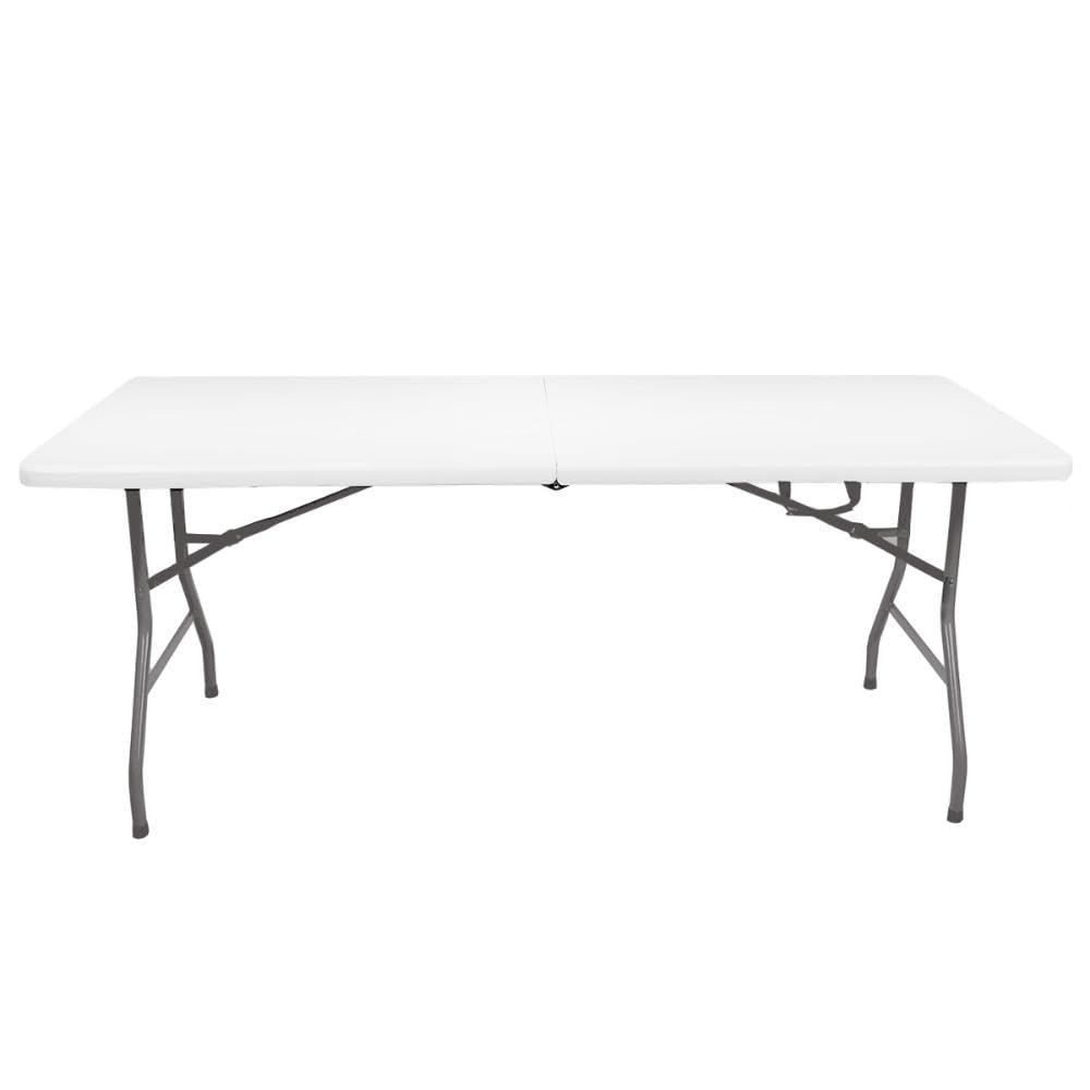 Plainsity Mesa Plegable de Plástico de 6 Pies - Mesa de Comedor Portátil, Plegable y Resistente para Fiestas, Bodas, BBQ, Camping, Eventos en el Patio Trasero - Mesa Utilitaria para Interiores/exteriores con Asa de Transporte Blanca