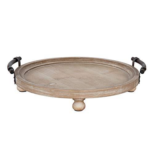 Rustic Finish Round Wooden Footed Tray with Vintage Black Handles, 15-inch