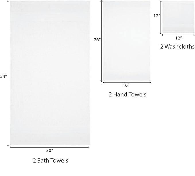 Everyday Home by Trident 6 Pc Bath Towel Set, 100% Cotton, Plush, Absorbent, Soft Comfort Bathroom Towels, White