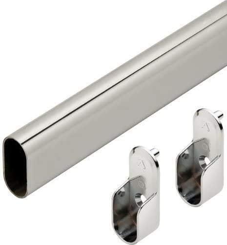 Oval Wardrobe Tube Polished Chrome Closet Rod W/End Supports, Welded Steel, 1.0mm Thick Chrome-Plated (1, 24")