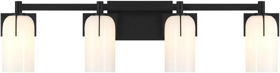 Matte Black 4-Light Vanity with Etched White Opal Glass Shades